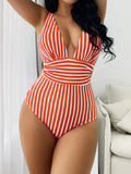 Striped One Piece Swimsuit Sexy Swimwear Women V-neck Bathing Swimming Suit Female Summer Beachwear Bodysuit