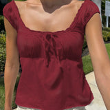 Women Fairy Grunge Babydoll Tops Y2k Lace Trim Short Sleeve T-shirt Korean Aesthetic Cute Square Neck Crop Top Milkmaid Blouses