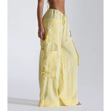Pbong  Women's Y2K Cargo Long Pants Solid Color Drawstring Elastic Low Waist Wide Leg Trousers with Multi Pockets Streetwear