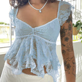 Fairy Coquette Tank Top y2k Women Sheer See Through V Neck Sleeveless Double Layered T Shirt Lace Vest Club Streetwear