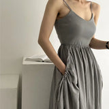 A-line Pocket Street Cargo Dress V-neck Solid Color Gray Pleated Dress Sleeveless Korean Chic Long Dress 2025 Summer New