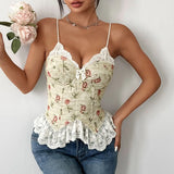 Pbong  Sweet American Summer Fresh Patchwork Lace Jacquard Tank Tops Harajuku French Popular Girl Tops Y2k Punk Straps Casual Camisole