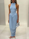 Pbong   Elegant Round Neck Draped Women Maxi Dress White Sleeveless High Waist Dress Female Summer Skinny Party Evening Dress
