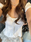 Folds Lace-up T-shirt Blouse Women Summer Lace Trim Square Collar Elastic Waist Short Sleeve Slim Tee Shirt Cotton T-shirt Y2k