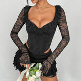 Pbong  Sexy Ruffled Lace Corset T Shirts Transparent Slim Long Sleeve Mesh Shirts Streetwear Sweet Lace Crop Tops Women Summer