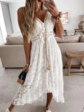 Pbong  Women's V-neck Slim Shoulder Strap Sun Skirt Hook Flower Hollow Out Elegant Women's Vacation Bohemian Style Lace Dress