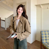 Retro Biker Faux Suede Jacket Women Fall Casual Long Sleeve Slim Short Coat Streetwear American Hip Hop Harajuku Tops New