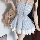 Pbong  Women Sweet Blue Plaid Dress Sexy Backless Spaghetti Strap Slip Dress Summer Preppy Style Pleated Layered Mini Party Vestidos