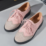 Pbong  High Quality Pink Low Heels Shoes Women Round Toe Patchwork Lace-up Designer Loafers Comfortable Oxford Ladies Shoes