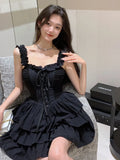 Sexy Slip Lolita Style Black Dress Women Vintage Sleeveless Y2K Mini Dress Summer Slim Sweet Korean Lace Up Cake Dress New