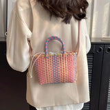 Pbong  Fashion Colorful Woven Mini Tote Bag with Drawstring Closure Lightweight Large Capacity Crossbody Purse for Summer Beach Outings