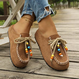 Pbong  Women New Slip-On Loafers Soft Bottom Suede Ethnic Style Flats Beaded Lace Up Casual Shoes Fashion Slippers Fashion
