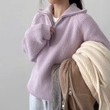 Quarter Zip Sweater Pullover Women Chunky Knit Polo Collar Oversize Jumper Sweater Jacket Teen-girl Autumn Winter Casual Outfit
