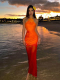 Patchwork Backless Dress Women Lace Flower Appliques Lace-Up Halter Sleeveless Solid Slim Sexy Midnight Club Vestidos