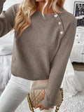 New diagonal shoulder button round neck long sleeved casual knitted sweater