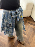 Pbong  Y2k Aesthetic Plaid Irregular Ruffled Skirts Vintage Women Streetwear Letter Print Faldas Harajuku Grunge Casual Bandage Skirt