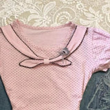 Pbong  2000s Harajuku Vintage Tops Japanese Style Sweet Bow Polka Dot T Shirts Y2k Casual Short Sleeve Korean Fashion Lolita Tees Chic