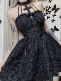 Goth Dark Gothic Emo Jacquard A-line Dresses Elegant Grunge Ruched Bandage Partywear Punk Black Women Halloween Club Dress