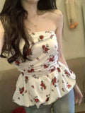 Summer  New Sexy Spice French Elegant Ladies Top Lace Patchwork Halter Vest Floral Skirt Design Hollowed-Out Strapless Tops