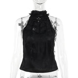 Summer New Arrival, Street Style Versatile Gothic Pleated Rose Strap Web Collar Bow Top for Women