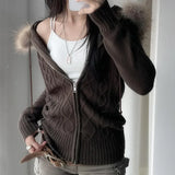 Vintage American High Street Zip Up Knitted Cardigan Sweaters Simple French All Match Lazy Women Jumpers Y2k Aesthetic Clothes