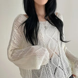 Long Sleeve Crochet Top Cable Knit Summer Beach Bikini Cover Up Crop Pullover Openwork Blouse Women Vacation Boho Outfit
