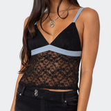 Sheer Lace Open Back Tank Top Contrast Color Backless Tie Up Camis Summer Sleeveless Shirt Fairy Coquette Spaghetti Strap Vest