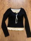 Coquette Black Crop T Shirts Women Sweet Bow Aesthetic Fake Two Piece Tops Korean Fashion Y2k Long Sleeve Tees Autumn