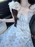 Pbong  Japan Kawaii Lolita Dress French Elegant Sweet Slim Long Dress Summer Harajuku Vintage Print Floral Y2k One Piece Dress Korean