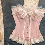 2000s Japanese Style Harajuku Slim Camis Y2k American Vintage Sexy Hot Girl Sleeveless Top French Elegant Lace Patchwork Tanks