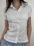  White Stripe Puff Short Sleeve Button Shirts For Women Basic Simple Casual Seumme Preppy Tops Y2K Korean Clothes