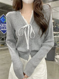 Women's Pointelle Knit Cardigan with Bow Long Sleeve Button Front Sweater Openwork Cardi Teen-girl Fairycore Balletcore Outfit