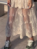 Pbong  Sweet Long Korean for Women High Waist A-line Embroidery Jupe  Fashion See Through Lace Summer Skirt