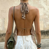 Pbong  Vintage Leopard Print Deep Halter V-Neck Camisole Sexy Backless Design Irregular Hem Chic Tops Women's Summer Soft Mesh Clothes