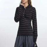 American Simple All Match Turn Down Collar Long Sleeve T Shirts Y2k Constrast Color Striped Pleated Clothes Harajuku French Tops