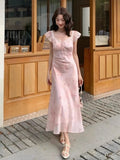 French Holiday Style Sweet Summer Dresses Women New Fashion Floral Pink Chic Long Dress Female Elegant Korean Popular Clothes