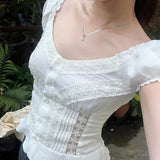 French Summer V Neck Short Sleeve Temperament Shirts Y2k Sweet Lace Splcied Single Breasted Clothes Harajuku Thin All Match Tops
