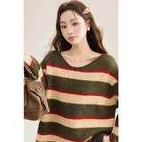 Korean Sweet Striped Sweater Women Sexy V Neck Vintage Knitted Jumper Casual Long Sleeve Female Lazy Wind Pullover Tops New