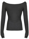 Japanese Basic Slim Long Sleeve Stripe Tee Off Shoulder O Neck Korean Street Style Spring Autumn Y2K Gray T Shirt Women