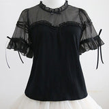 Pbong  Japanese Lolita JK Blouse Women Puff Sleeve Patchwork Shirts Sweet Kawaii Bow Blouses Hollow Out Ruffles Blusas Y2k Aesthetic