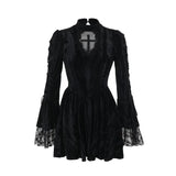 Mall Goth Fairycore Gothic Dress Women Aesthetic Lace Patchwork Flare Sleeve High Waist Dress Halloween Dark Partywear