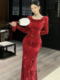 Women Autumn Vintage Velvet Long Sleeve Mermaid Prom Dress French Style Elegant Slim Bodycon Evening Party Clothes Vestidos New
