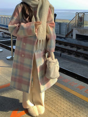 Winter Rainbow Woollen Coats Women Casual Warm Loose Plaid Long Coats Female Korean Fashion Office Lady Trench Jackets Y2k