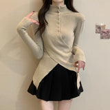 Autumn Winter Woman Vintage Irregular Pullovers Sweater Long Sleeve Turtleneck Knitwears 2000s Aesthetic Design Slim Solid Color
