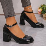 Pbong  Ankle Strap Chunky Heel Mary Janes Pumps Women Fashion Black Patent Leather Dress Shoes Woman Elegant Round Toe High Heels Pumps
