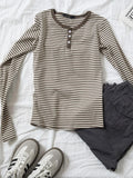 Vintage Brown Striped Slim T-shirts Women 2024 Summer Y2k Streetwear Round Neck Long Sleeve T Shirt Harajuku Casual Cotton Tops