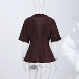 Pbong  Elegant Lace Up Women's Blazer V-neck Short Sleeve Pleated Waist-cinching Female Top Summer Vacation Lady Blouse New