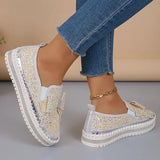 Pbong  Women's Gold Silver Bowtie Sequin Flats Shiny Crystal Thick Sole Platform Loafers Ladies Light Comfort Non Slip Casual Shoes