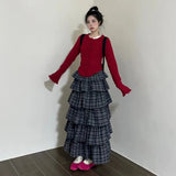 Vintage Ruffle Plaid Skirt Women Elegant Sweet Long Skirts Japanese Style Streetwear Fashion Patchwork Layered Skirt