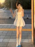 Pbong  White Dress Women's Spring New Style Feel Outfit Short Skirt French Style Pure Color Waist Cinched Midi Dress